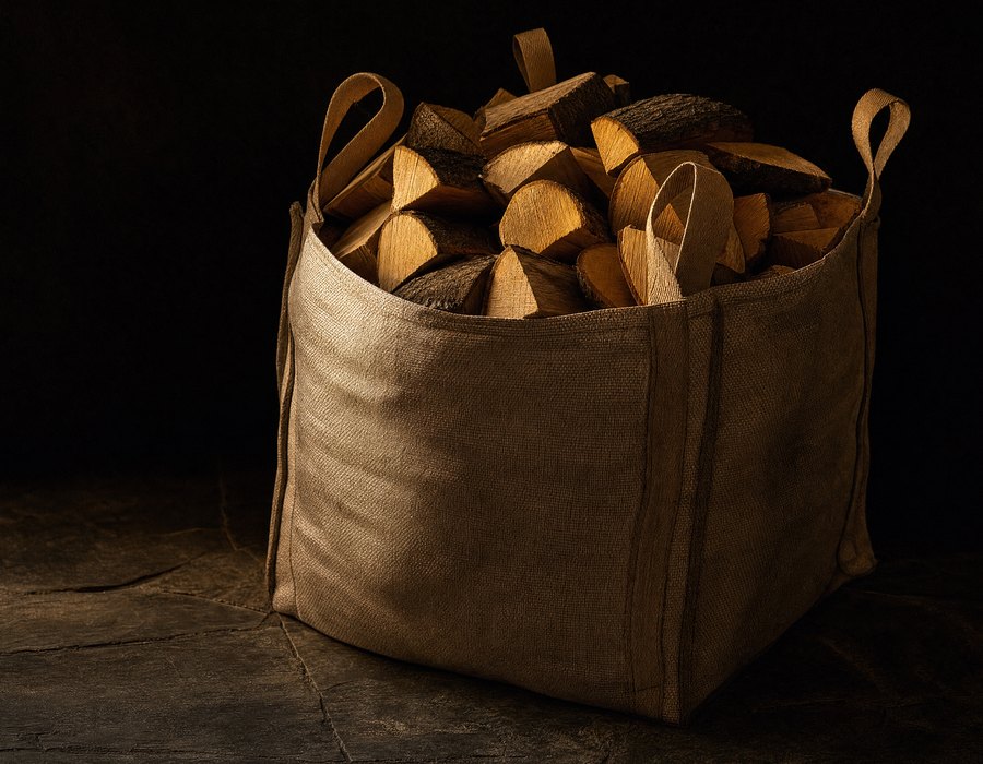 A woven bulk bag filled to the top with split kiln-dried logs