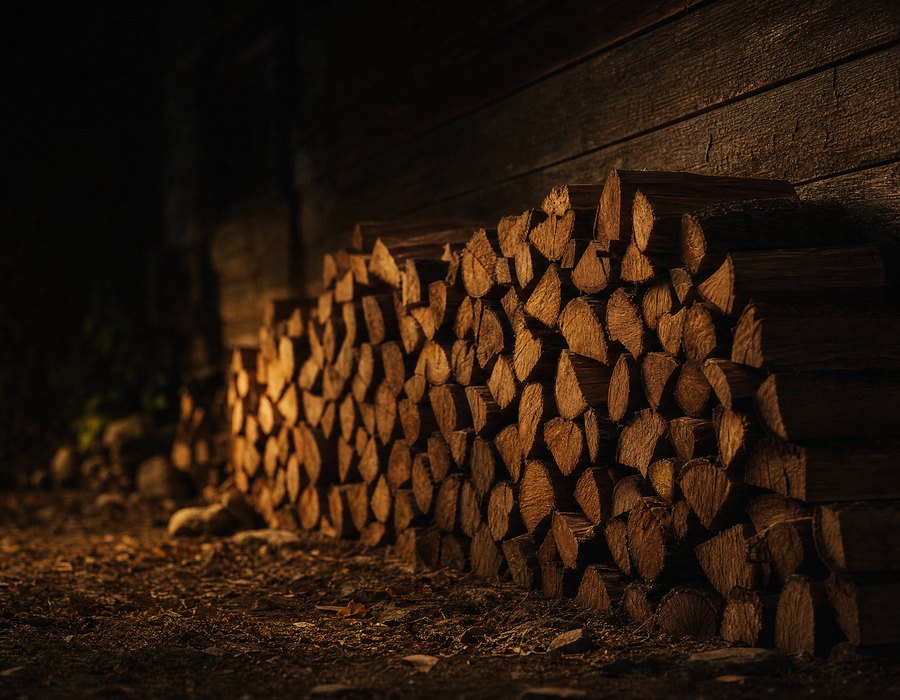 Split seasoned logs stacked in tight rows against a weathered timber wall