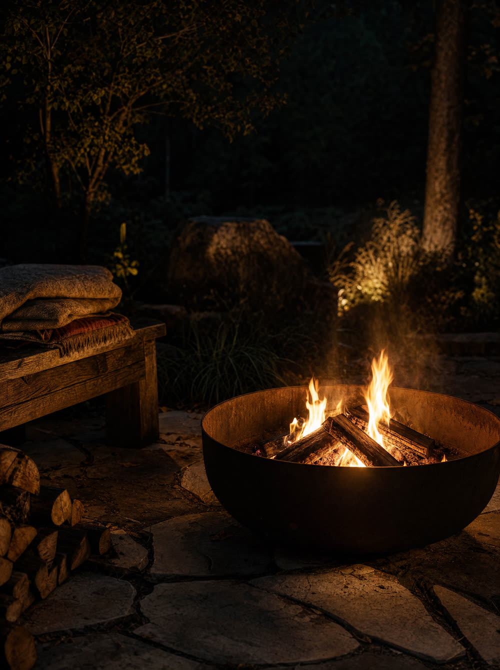 A steel fire pit burning split logs on a stone terrace at dusk, blankets on a bench beside it